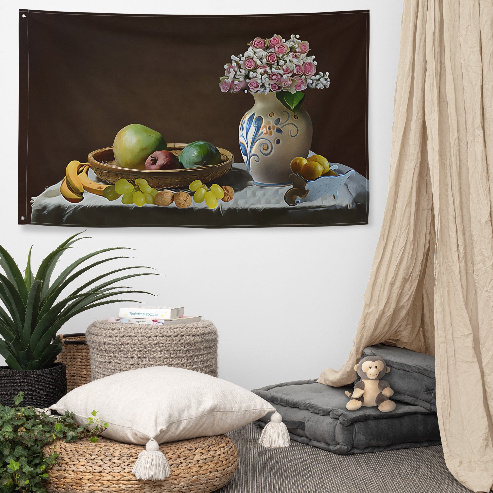 Fruit And Flower Still Life Painting Flag Tapestry-4