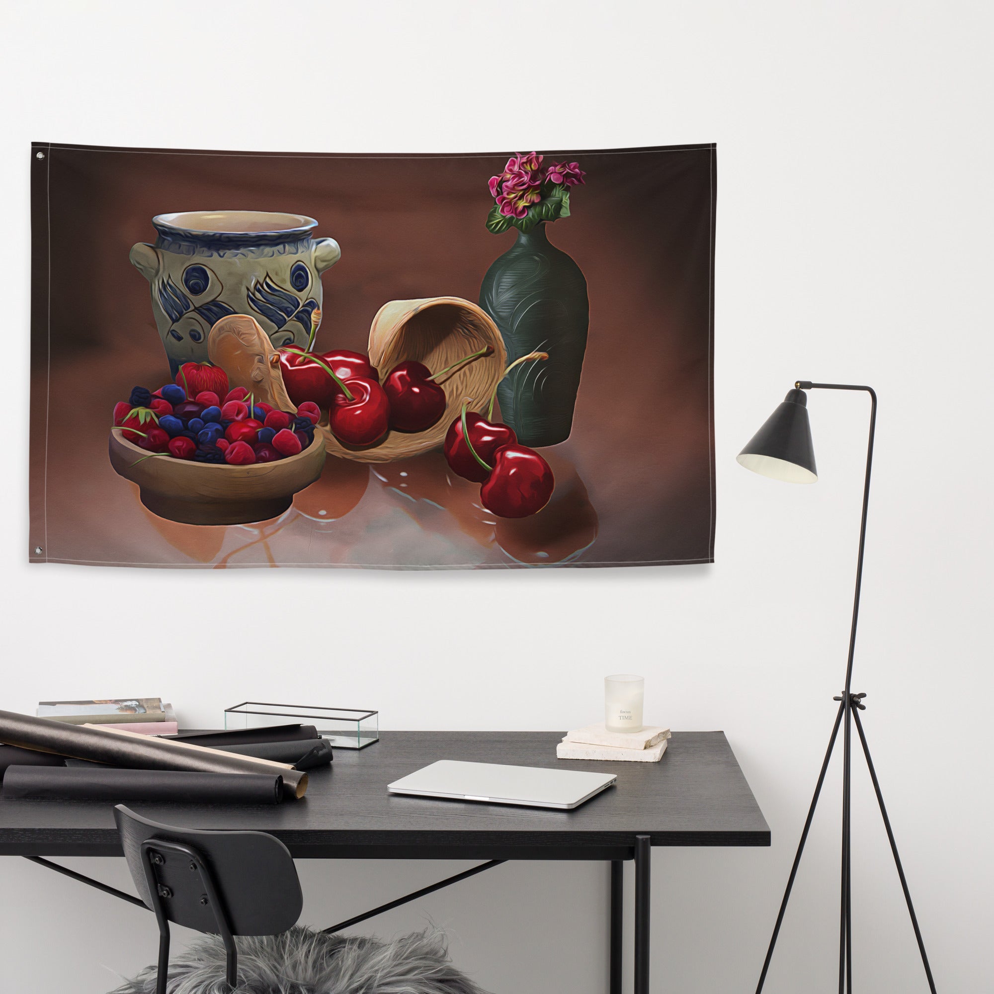 Cherry Still Life Painting Flag Tapestry-3