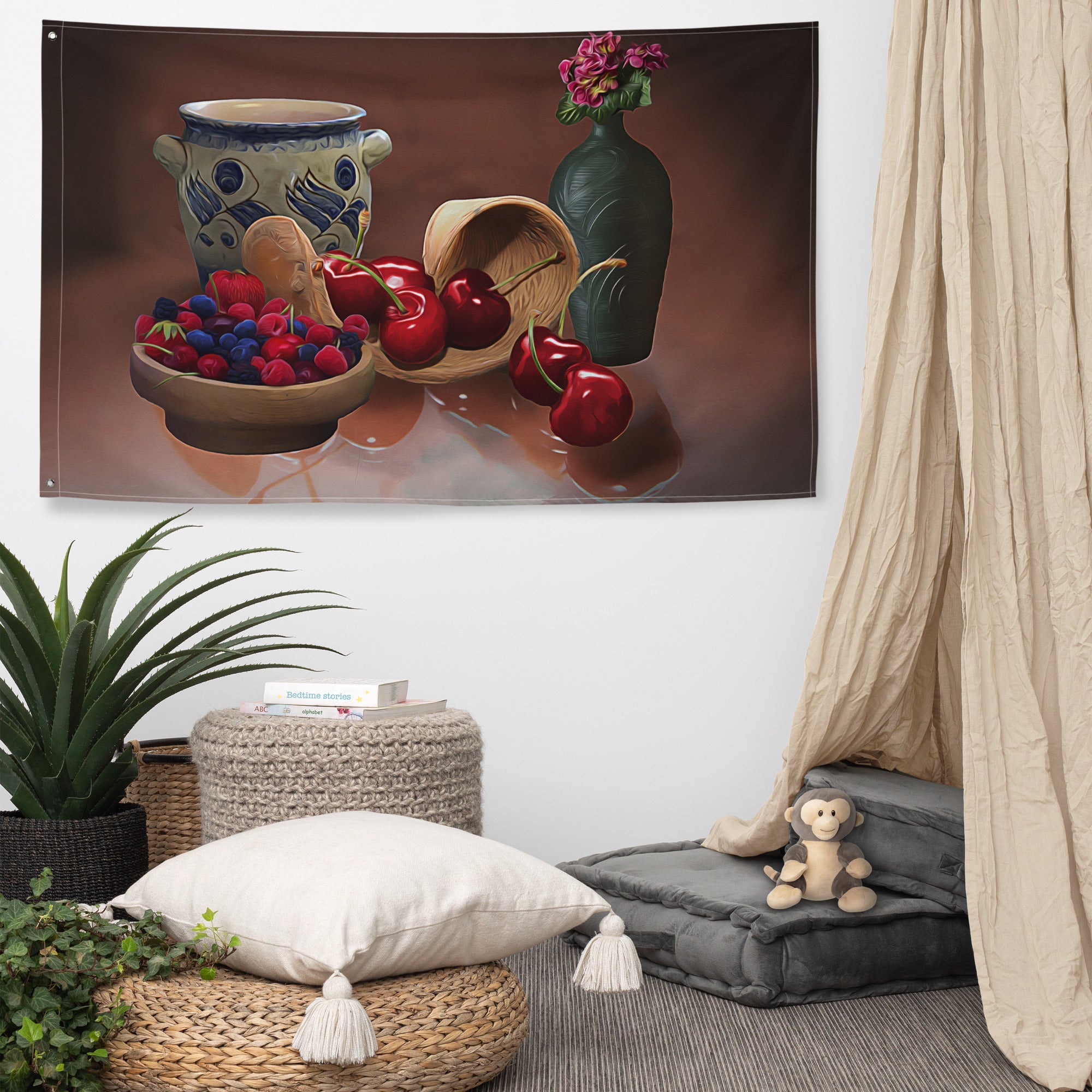 Cherry Still Life Painting Flag Tapestry-4