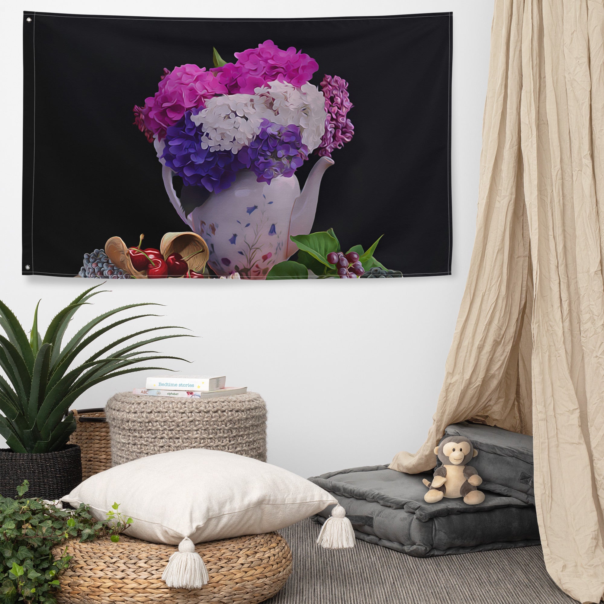 Blue And Pink Still Life Painting Flag Tapestry-4