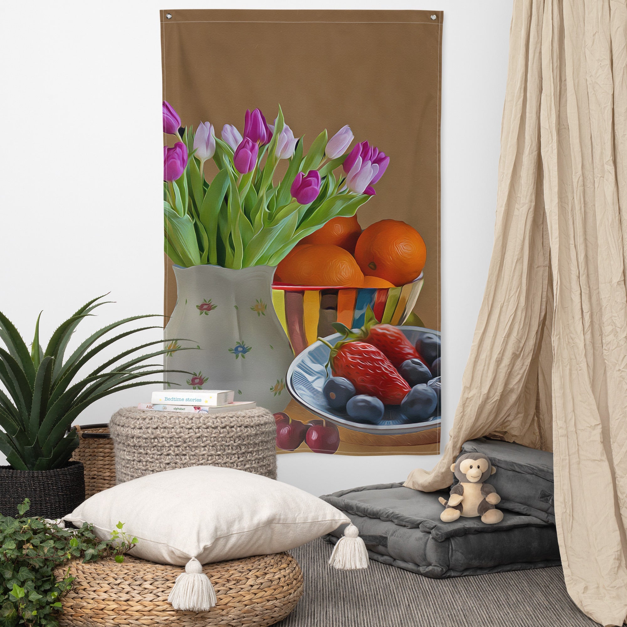 Flower Plate Still Life Painting Flag Tapestry-4
