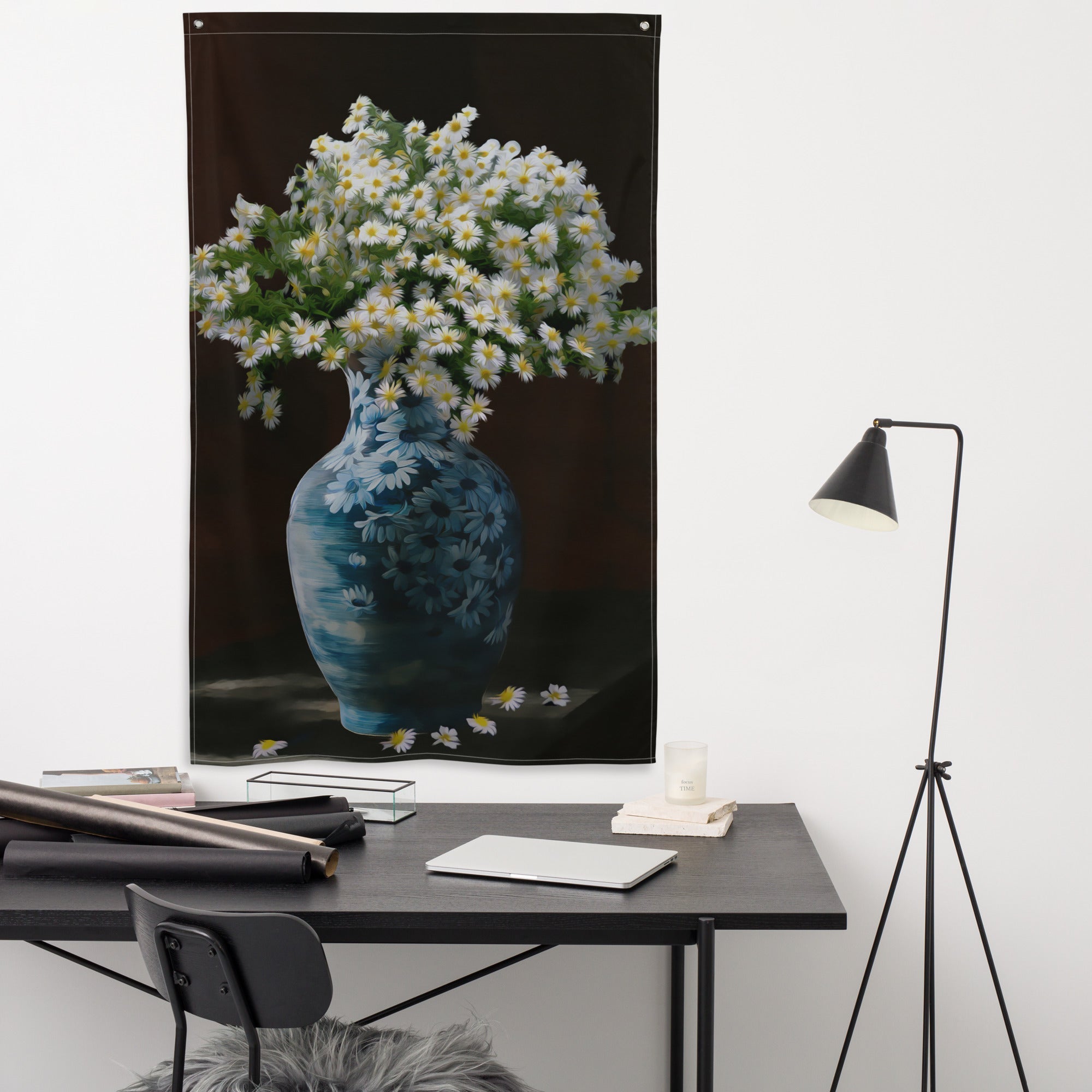 White Yellow Flower Still Life Painting Flag Tapestry-3