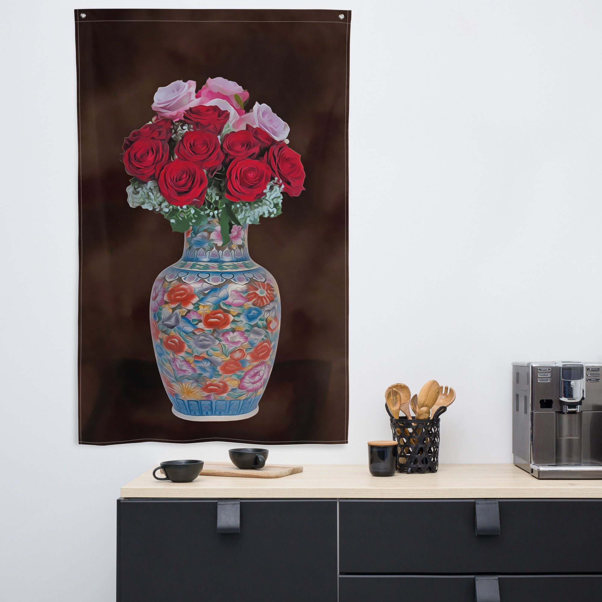 Pink & Red Rose Painting Flag Tapestry-4