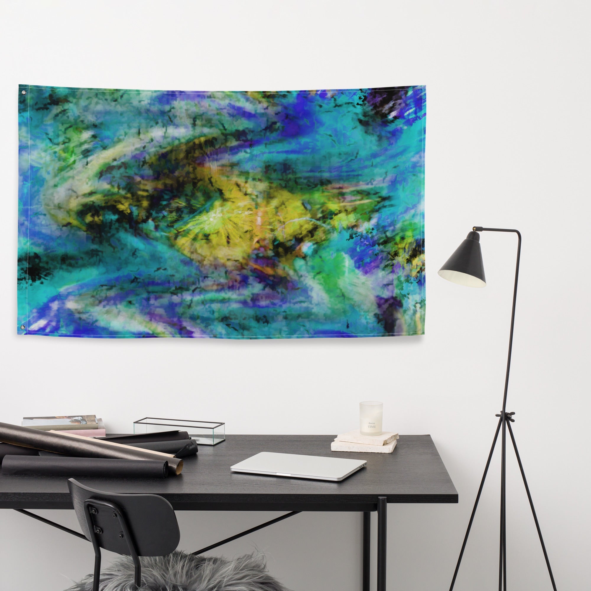 Yellow Blue Abstract Painting Flag Tapestry-3