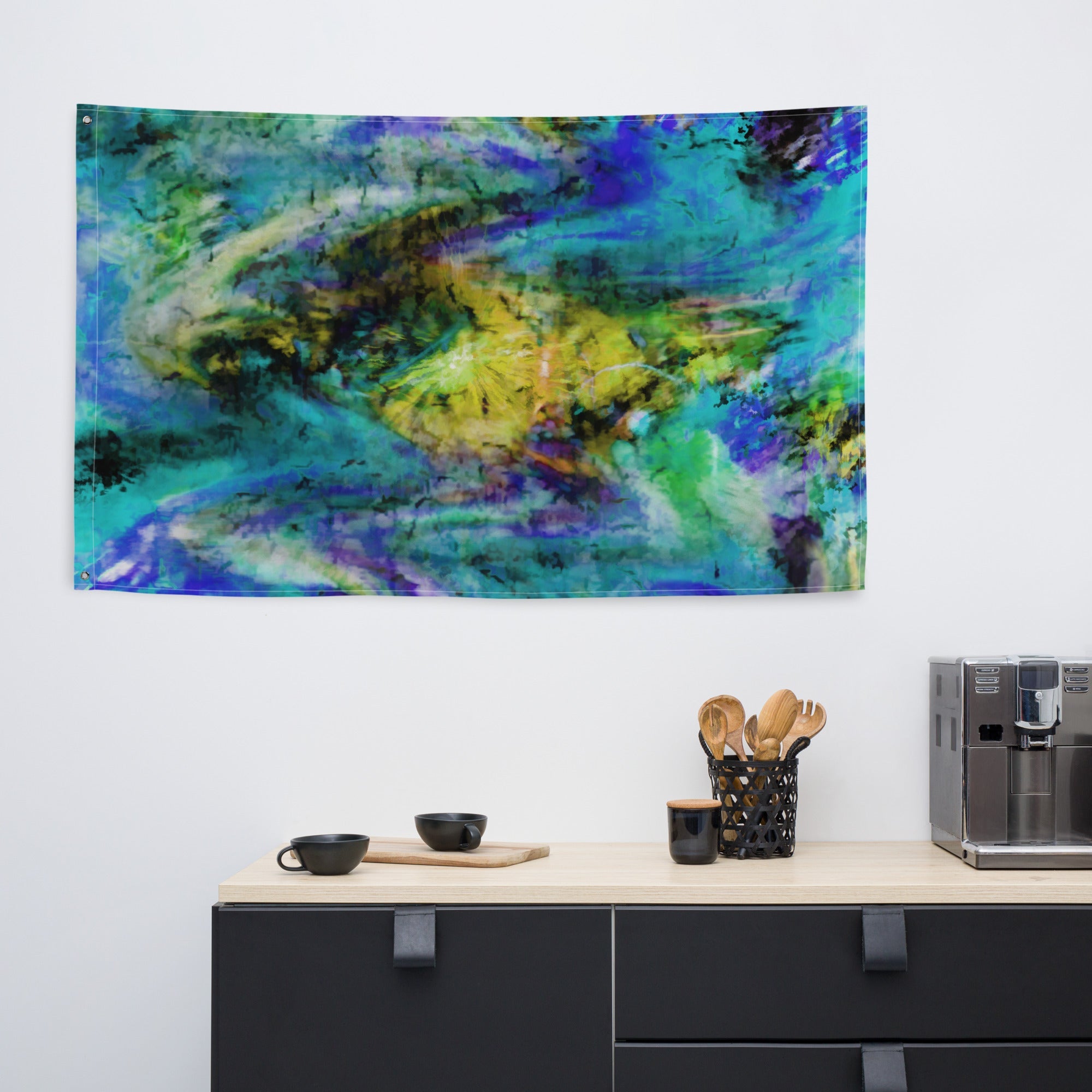 Yellow Blue Abstract Painting Flag Tapestry-4