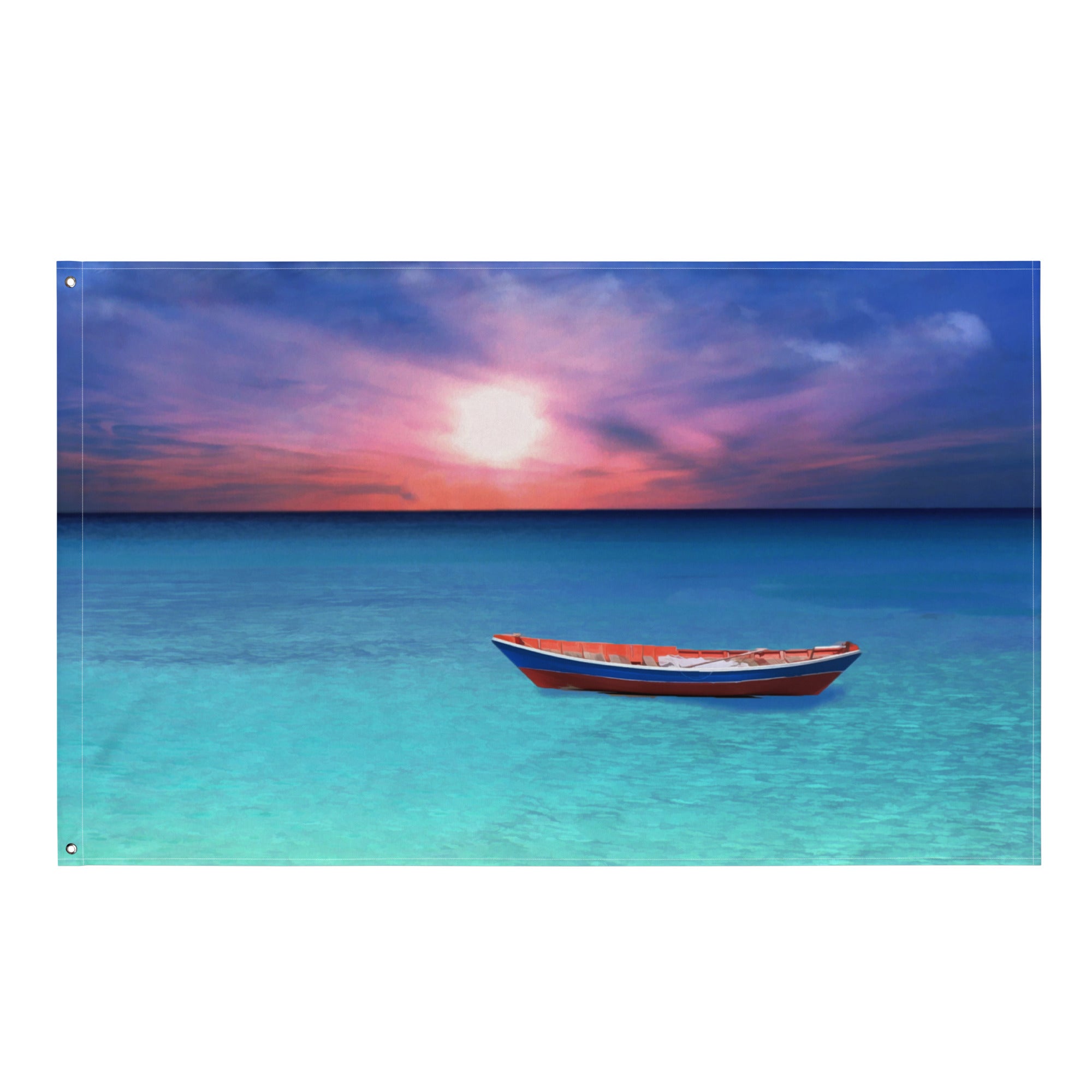 Sunset Boat Ocean Painting Flag Tapestry-0