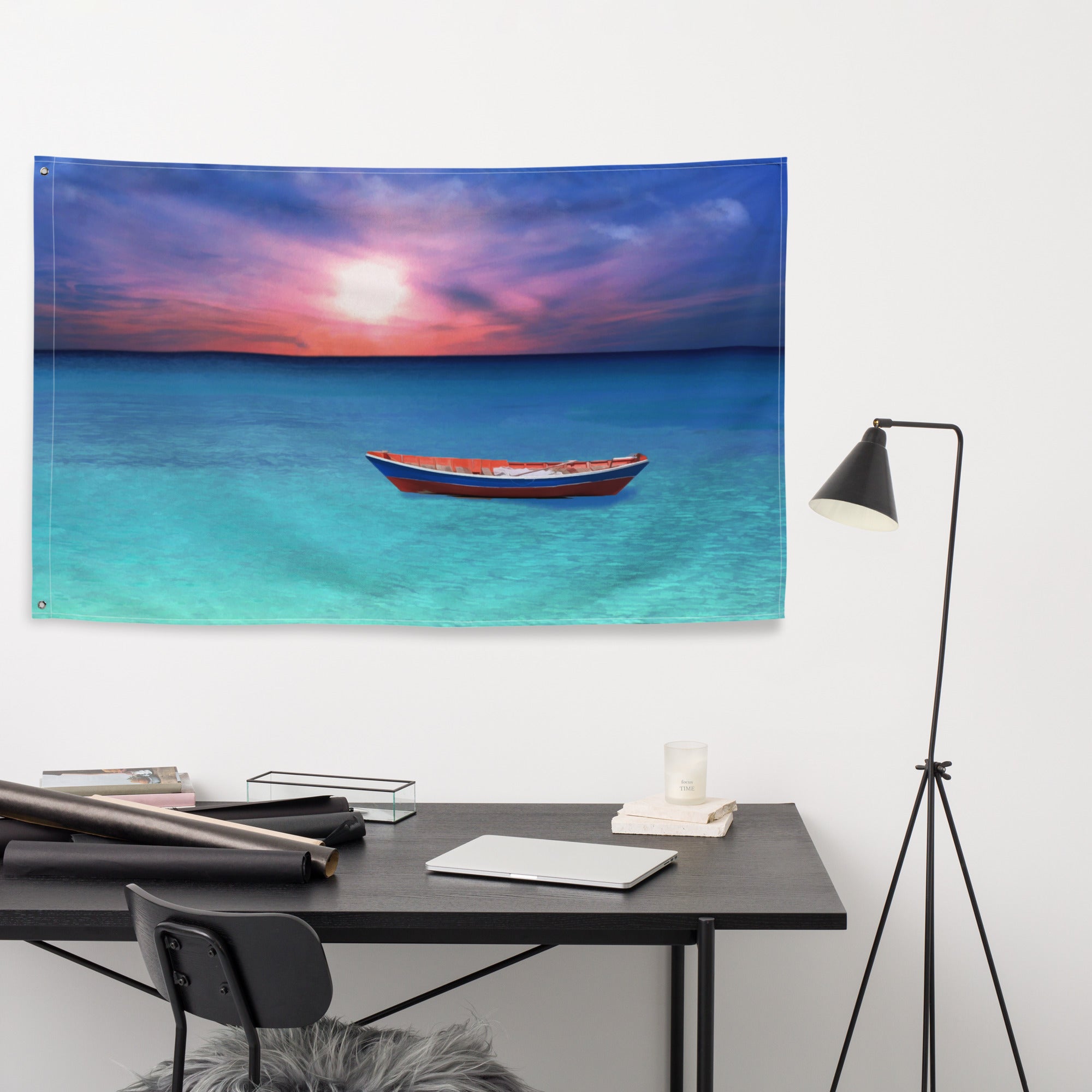 Sunset Boat Ocean Painting Flag Tapestry-3