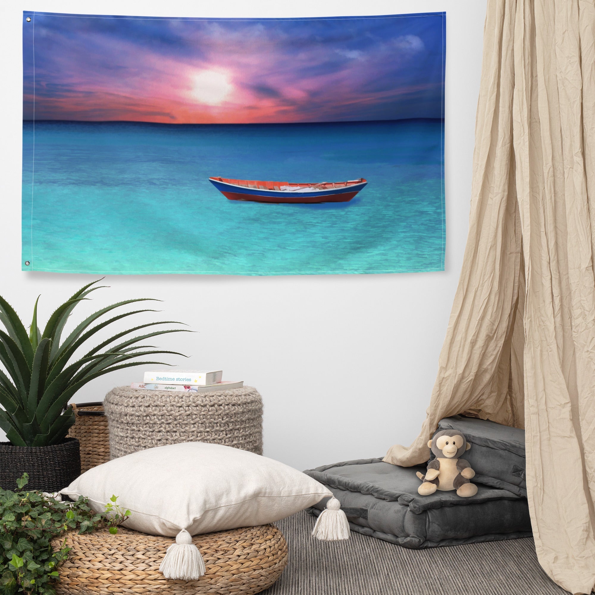 Sunset Boat Ocean Painting Flag Tapestry-4