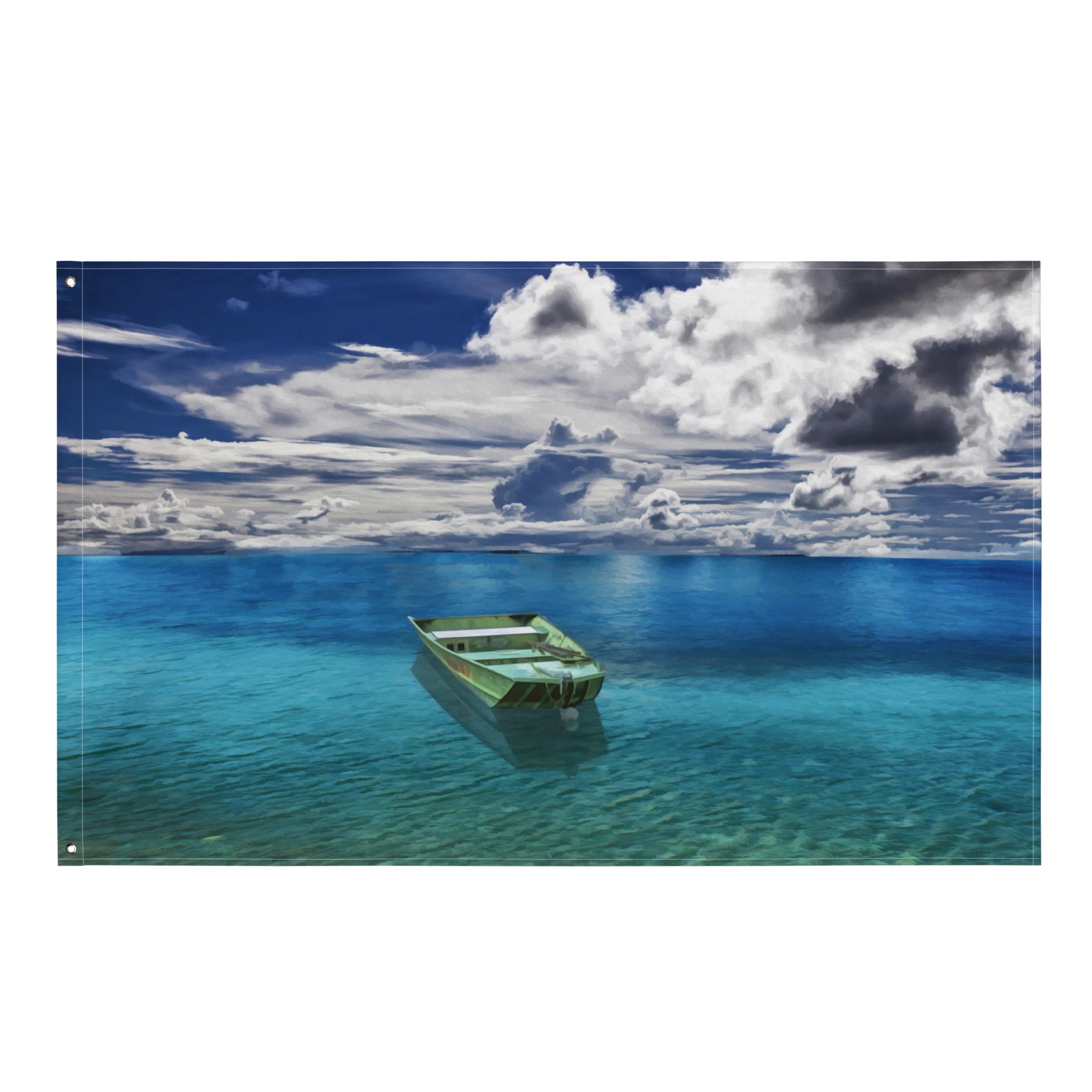 Green Boat Ocean Painting Flag Tapestry-0