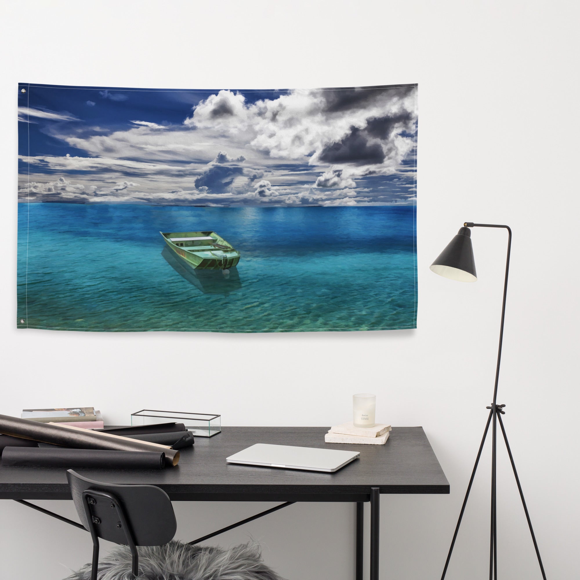 Green Boat Ocean Painting Flag Tapestry-3