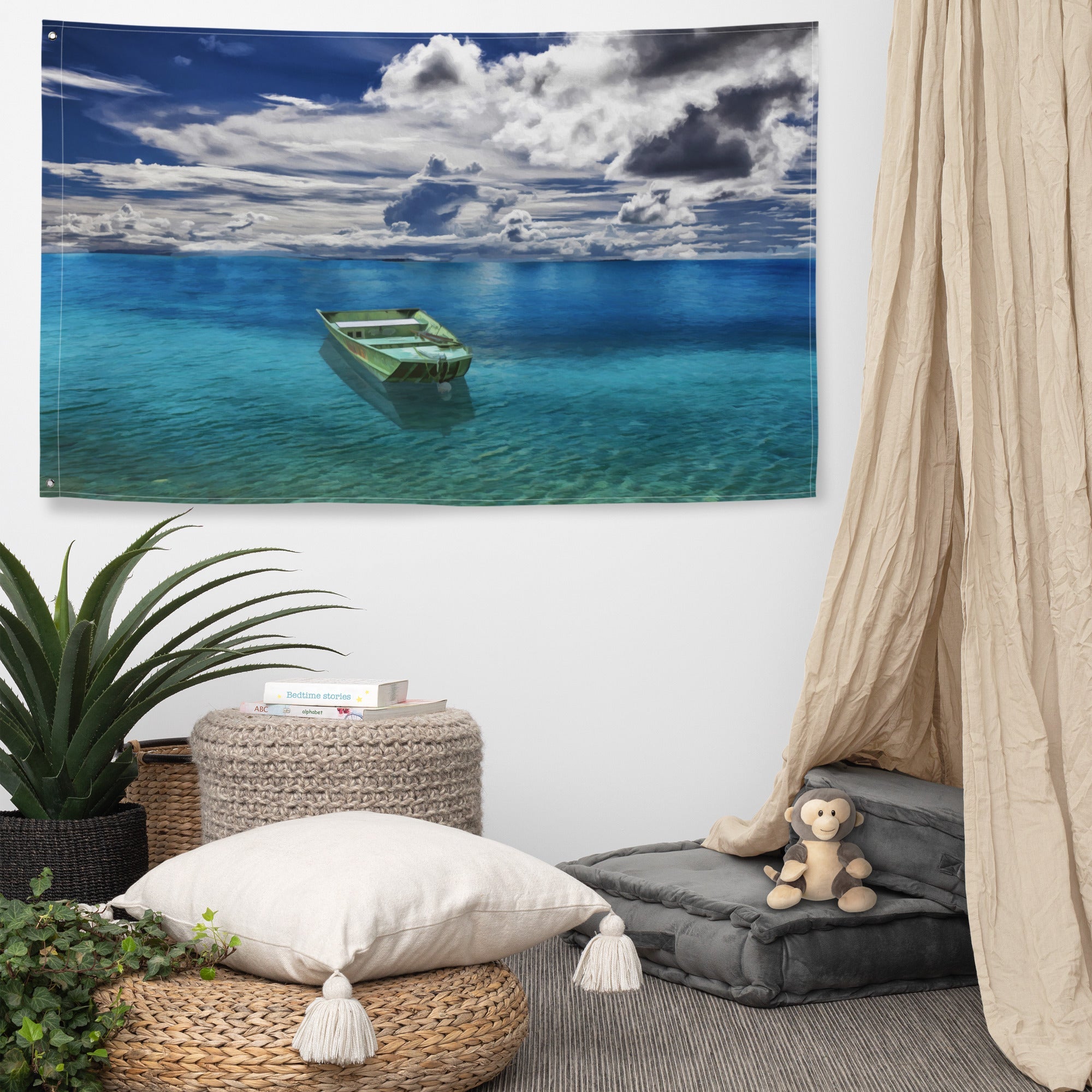 Green Boat Ocean Painting Flag Tapestry-4