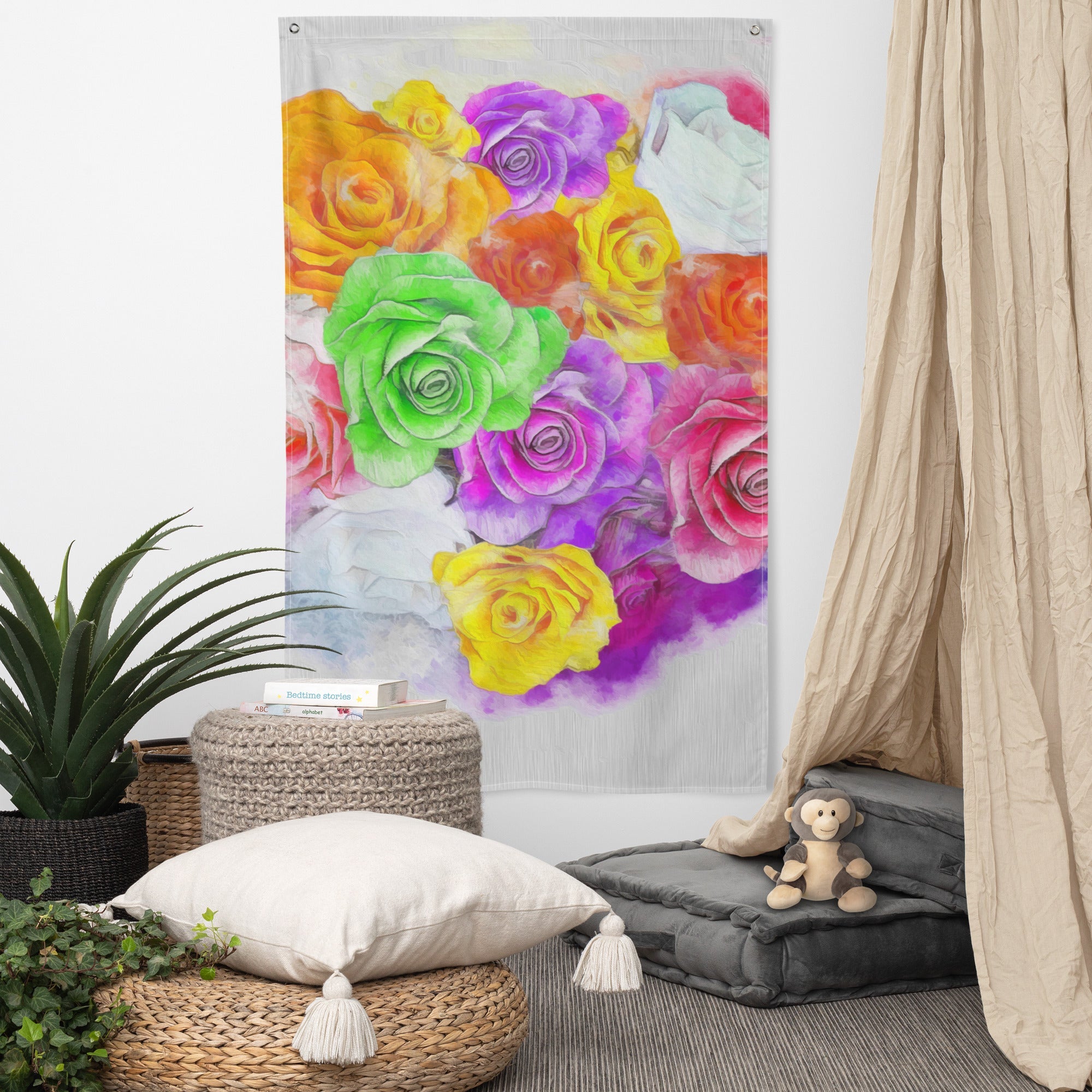 Rainbow  Rose Painting Flag Tapestry-4