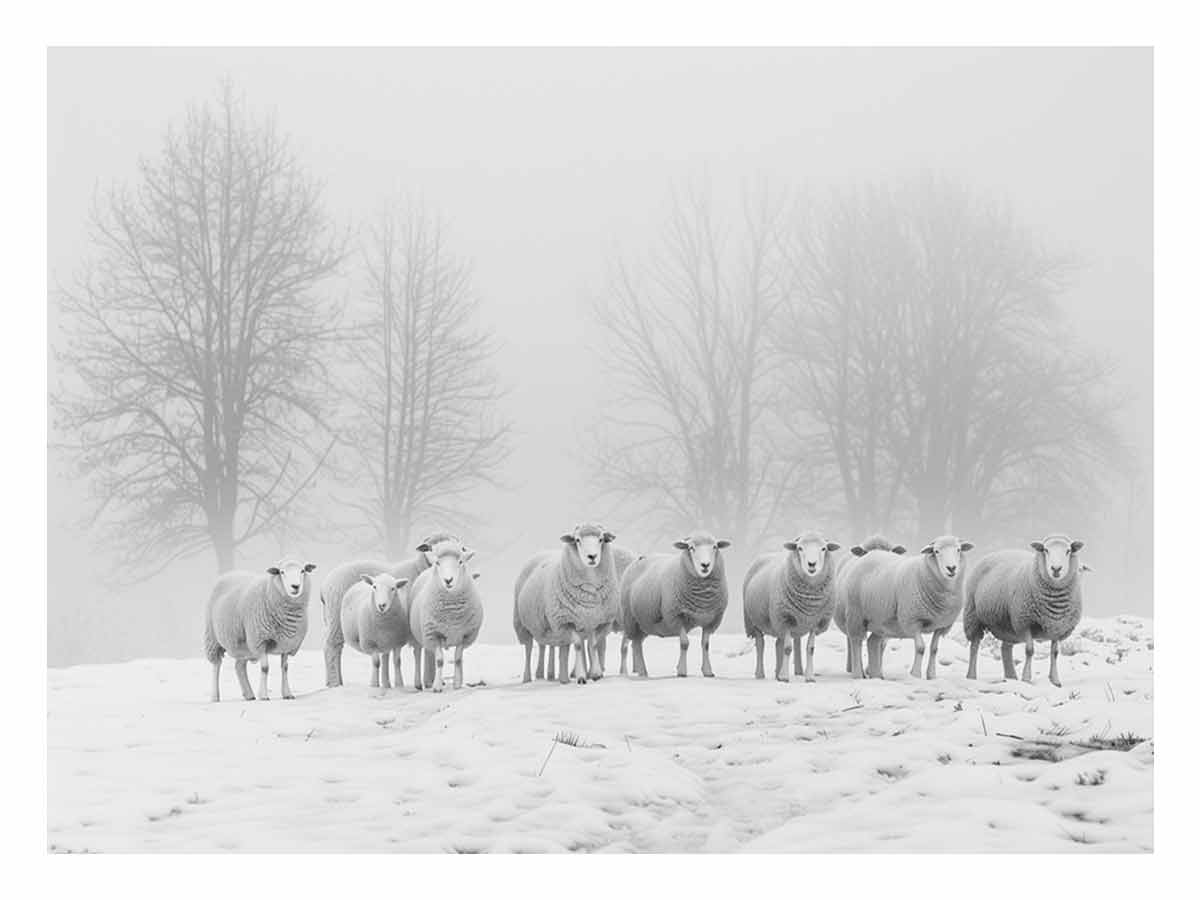 Sheep in the Field Black and white Canvas Art Print-0