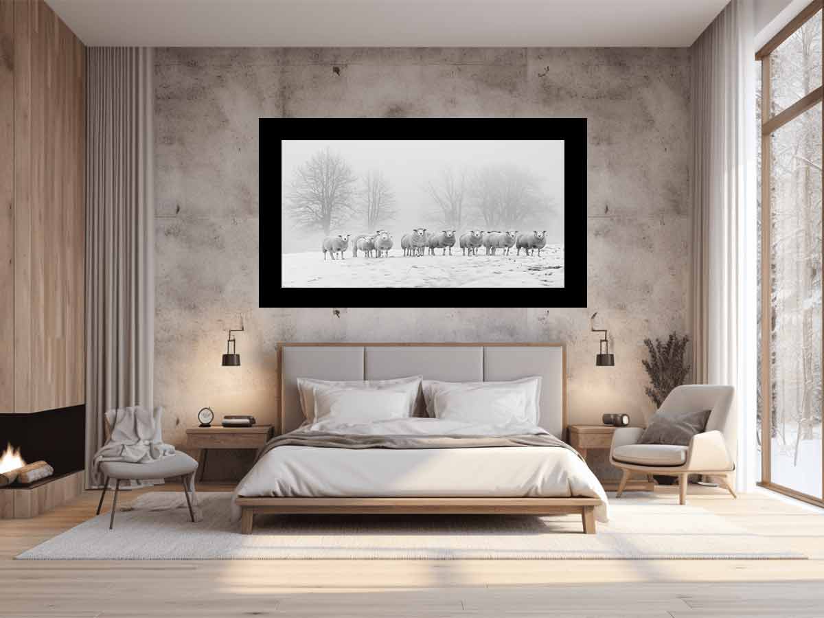 Sheep in the Field Black and white Canvas Art Print-1