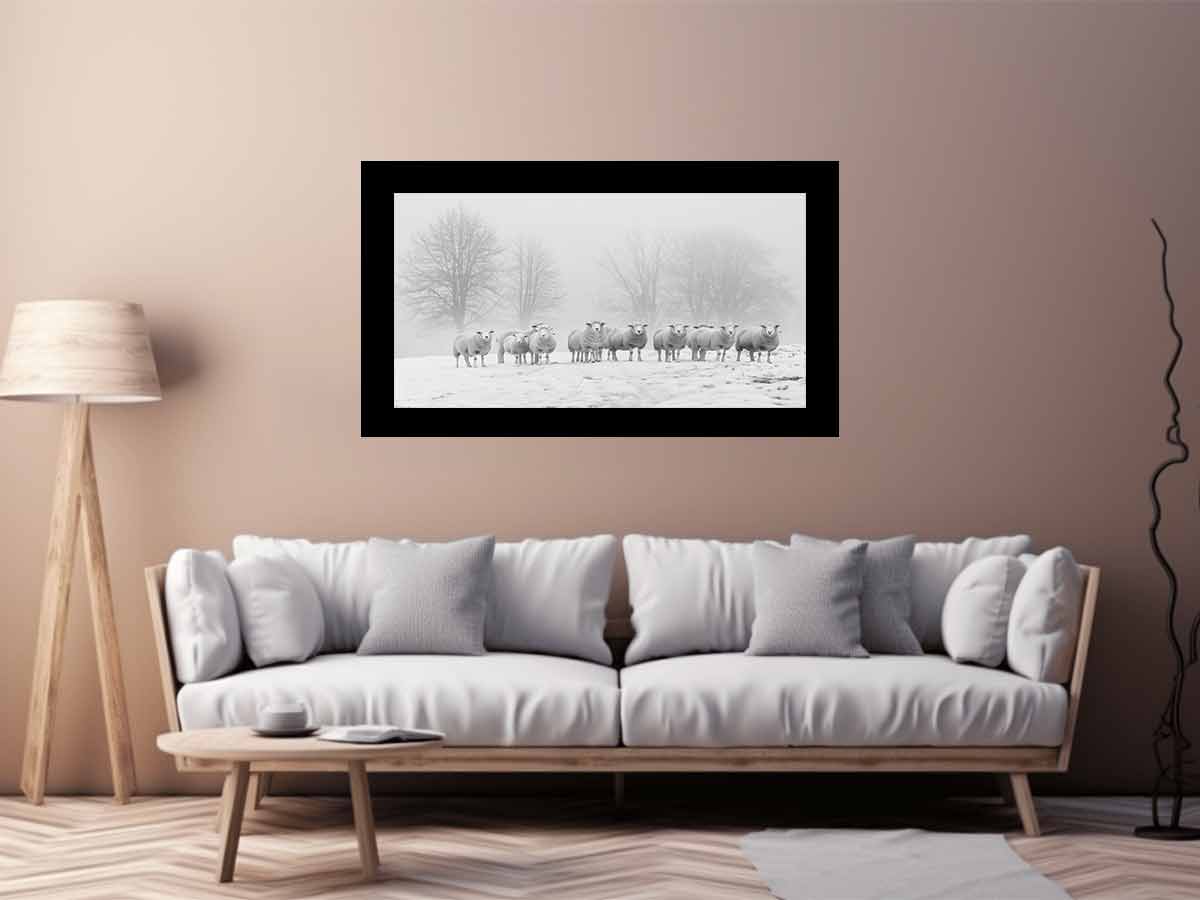Sheep in the Field Black and white Canvas Art Print-2