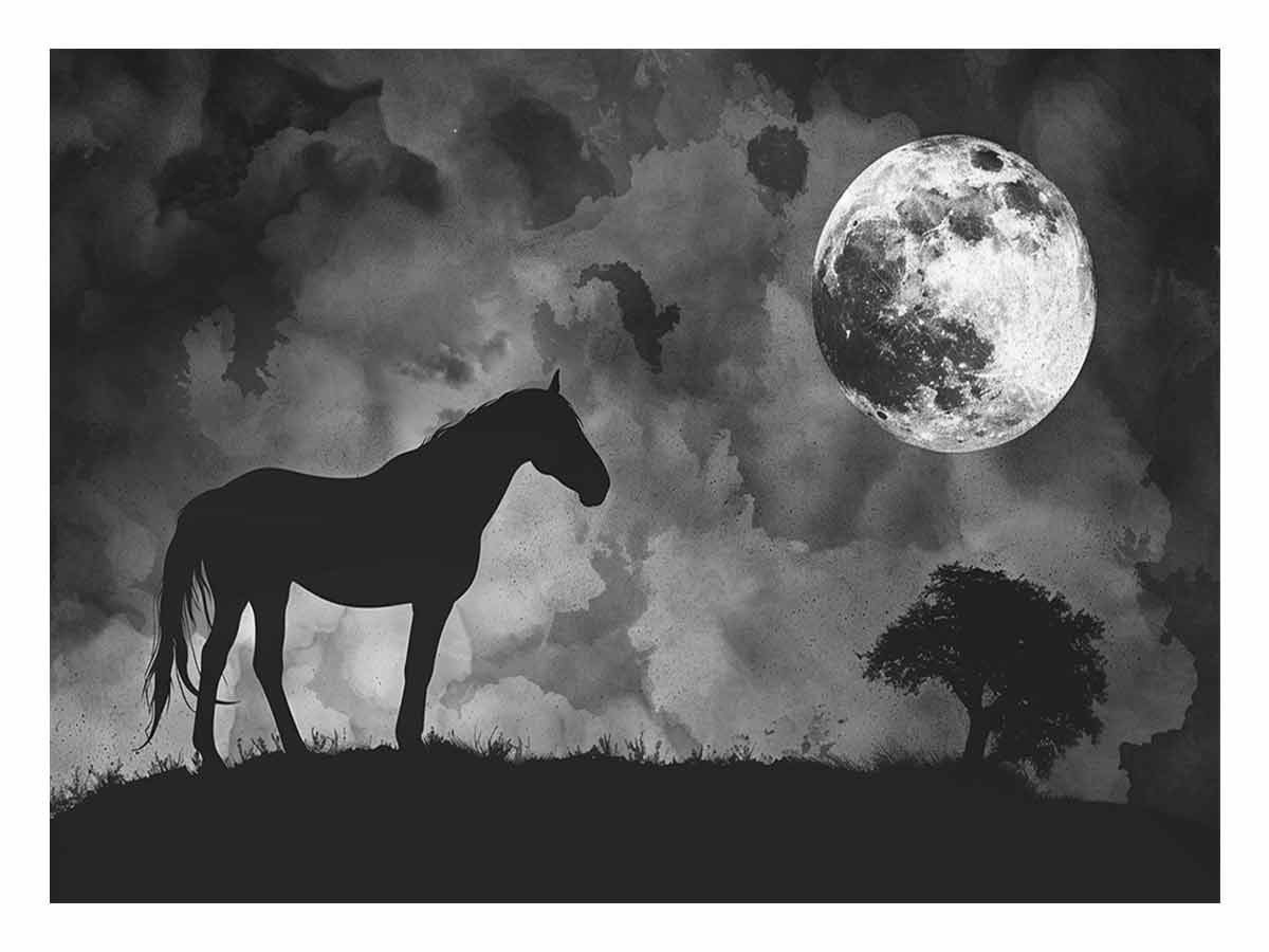 Horse & Moon Canvas Painting Print-0