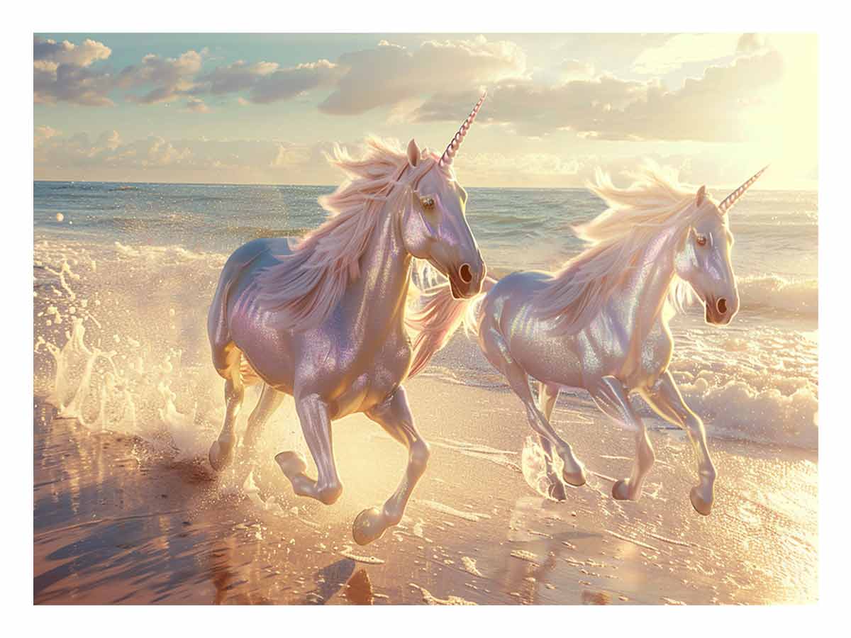 Along the Beach Unicorn Canvas Art Print-0