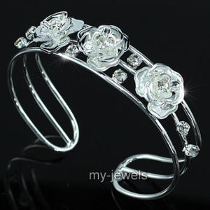 Bridal Wedding Rose Crystal Silver Cuff Bangle XB068-0