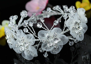 Bridal White Fabric Flower Crystal Handmade Bangle Bracelet XB070-0
