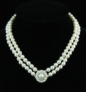 Vintage Style White Shell Pearl w/ Swarovski Crystal Necklace XC033-0