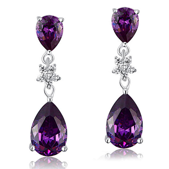3.5 Carat Purple Pear Cut Created Sapphire 925 Sterling Silver Dangle Earrings XFE8016-1