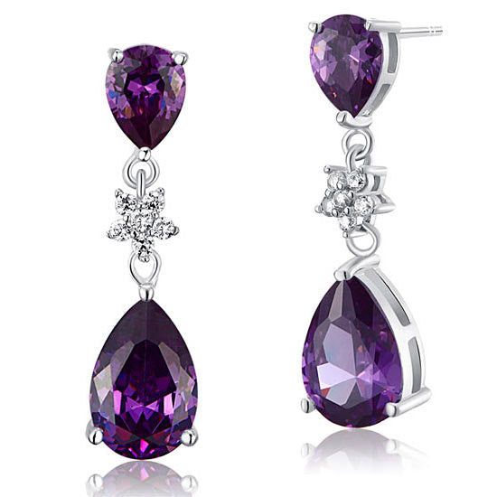 3.5 Carat Purple Pear Cut Created Sapphire 925 Sterling Silver Dangle Earrings XFE8016-0