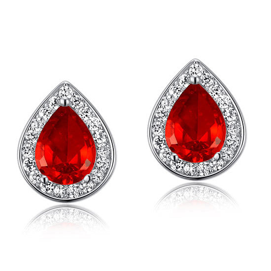 1 Carat Pear Cut Red Created Ruby 925 Sterling Silver Stud Earrings XFE8034-2