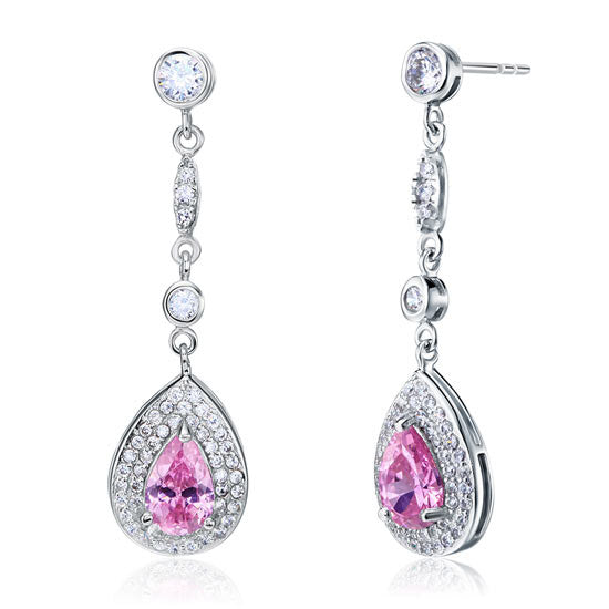 1.5 Carat Pear Cut Pink Created Sapphire 925 Sterling Silver Dangle Earrings XFE8057-0