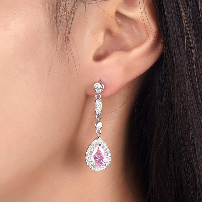 1.5 Carat Pear Cut Pink Created Sapphire 925 Sterling Silver Dangle Earrings XFE8057-1