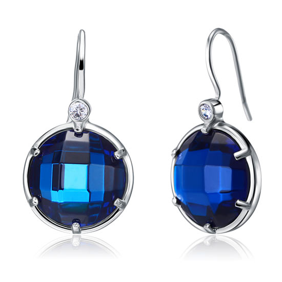 Navy Blue Created Topaz Dangle Sterling 925 Silver Bridal Earrings XFE8058-0