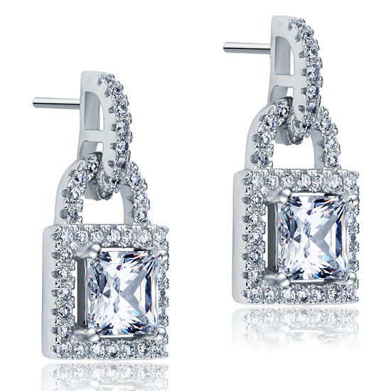 Created Diamond Dangle Drop Key Lock Sterling 925 Silver Earrings XFE8080-3