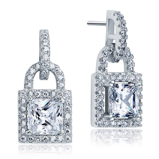 Created Diamond Dangle Drop Key Lock Sterling 925 Silver Earrings XFE8080-0