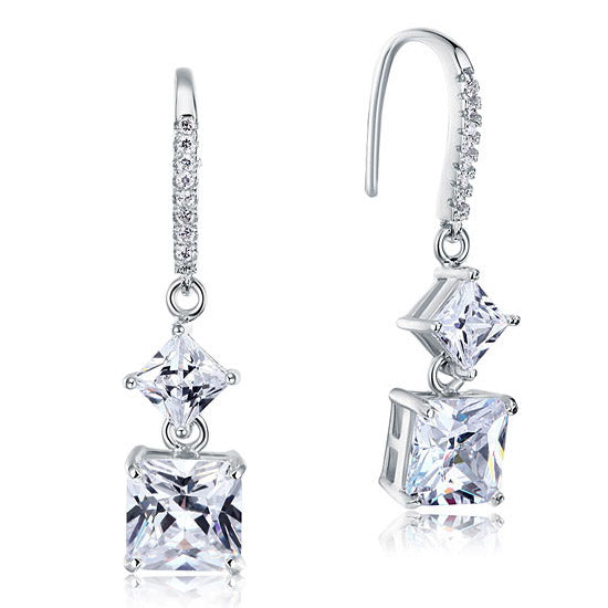 2 Carat Princess Cut Created Diamond Dangle Drop 925 Sterling Silver Earrings XFE8101-0
