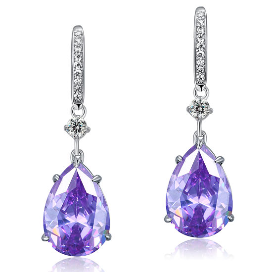 Purple Pear Created Sapphire 925 Sterling Silver Dangle Hook Earrings XFE8111-1