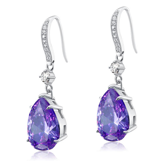 Purple Pear Created Sapphire 925 Sterling Silver Dangle Hook Earrings XFE8111-2