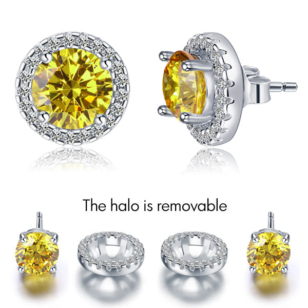 2.5 Carat Round Fancy Yellow Halo (Removable) Stud 925 Sterling Silver Earrings XFE8127-0