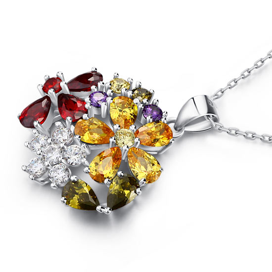 3.5 Carat Multi-Color Created Topaz Flower 925 Sterling Silver Pendant Necklace XFN8015-2