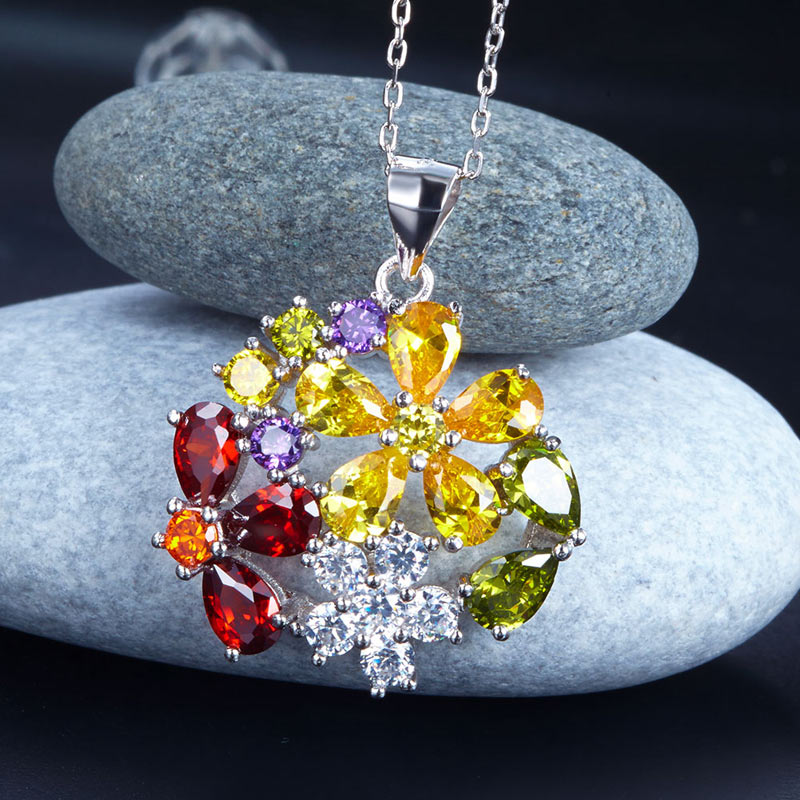 3.5 Carat Multi-Color Created Topaz Flower 925 Sterling Silver Pendant Necklace XFN8015-3