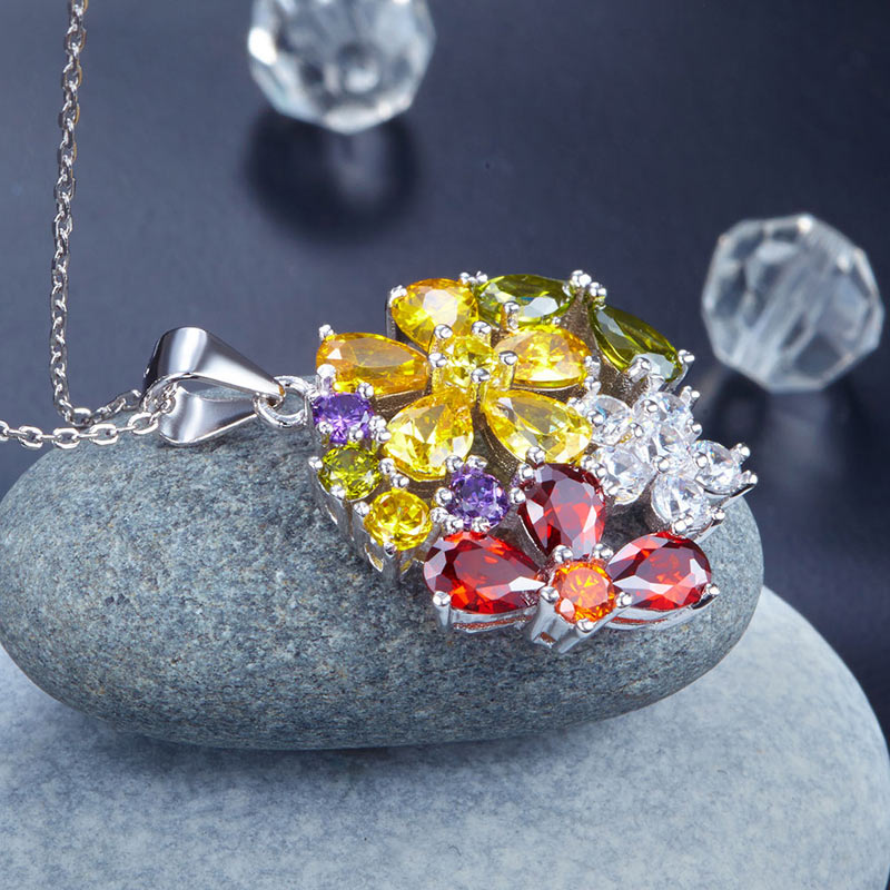 3.5 Carat Multi-Color Created Topaz Flower 925 Sterling Silver Pendant Necklace XFN8015-4
