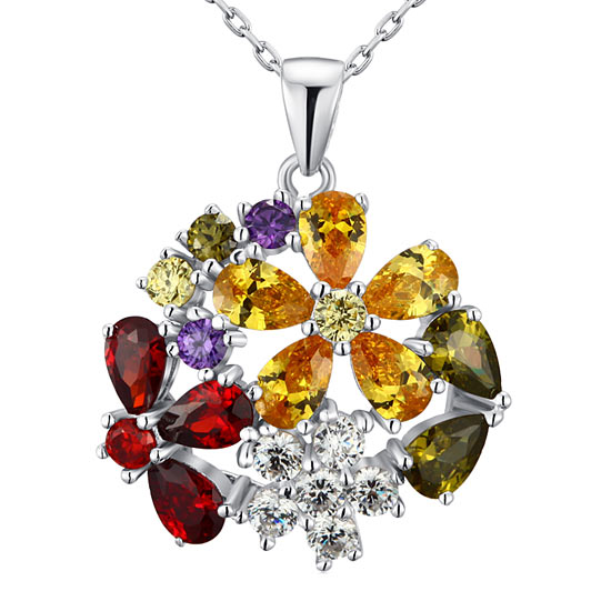 3.5 Carat Multi-Color Created Topaz Flower 925 Sterling Silver Pendant Necklace XFN8015-0