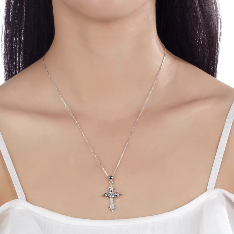 925 Sterling Silver Cross Pendant Necklace Round Cut Created Diamond Jewelry XFN8027-4