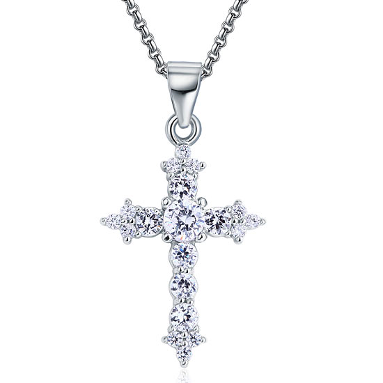 Round Cut Created  Diamond 925 Sterling Silver Cross Pendant Necklace XFN8028-0