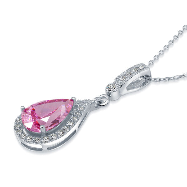 925 Sterling Silver Fashion Bridesmaid Pink Pendant Necklace Bridal Wedding Tear Drop XFN8041-2