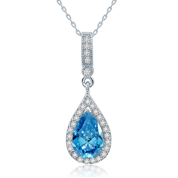 925 Sterling Silver Fashion Bridesmaid Blue Pendant Necklace Bridal Wedding Tear Drop XFN8042-0