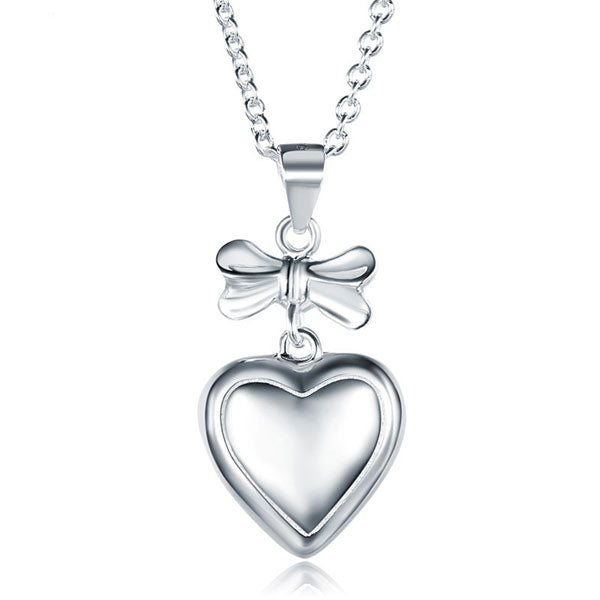 Kids Girl Ribbon Heart Pendant Necklace 925 Sterling Silver Children Jewelry XFN8064-0
