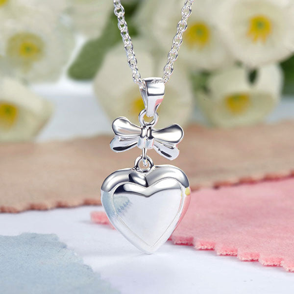 Kids Girl Ribbon Heart Pendant Necklace 925 Sterling Silver Children Jewelry XFN8064-2