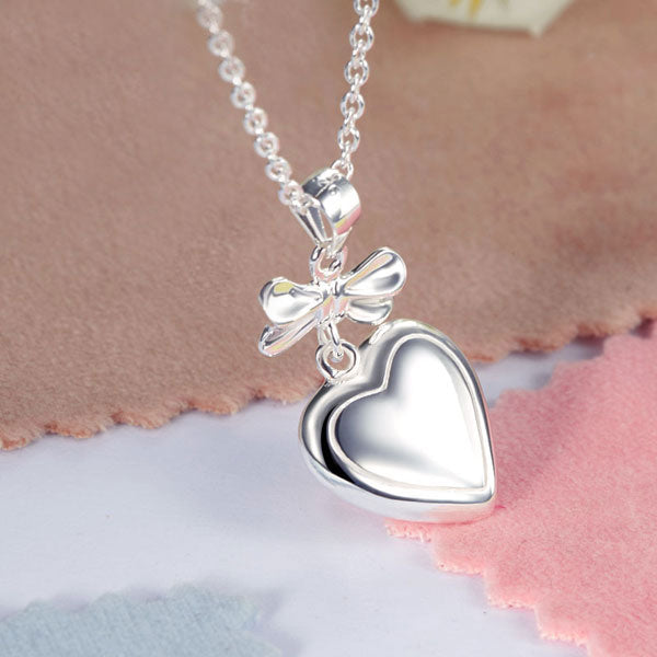 Kids Girl Ribbon Heart Pendant Necklace 925 Sterling Silver Children Jewelry XFN8064-3