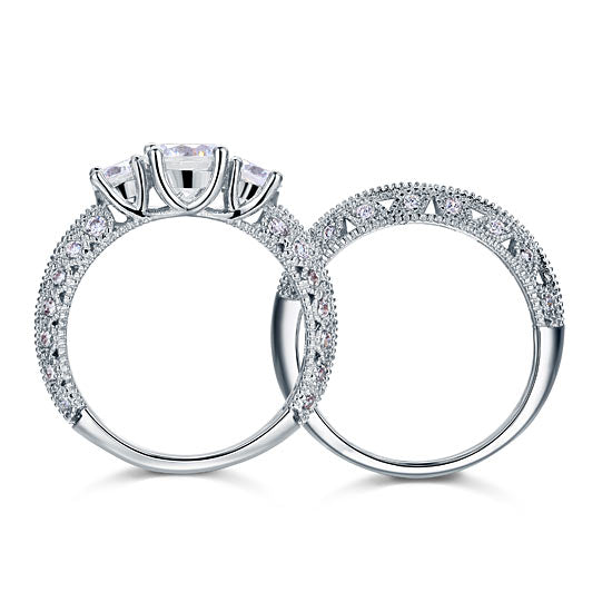 Vintage Style Victorian Art Deco 1.5 Carat Created Diamond Solid Sterling 925 Silver 2-Pcs Wedding Engagement Ring Set XFR8100-3