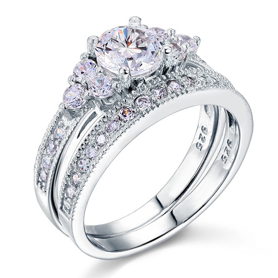 Vintage Style 1 Carat Created Diamond Solid Sterling 925 Silver 2-Pc Wedding Engagement Ring Set XFR8102-4