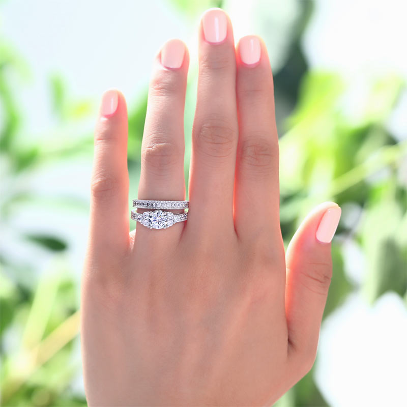 Vintage Style 1 Carat Created Diamond Solid Sterling 925 Silver 2-Pc Wedding Engagement Ring Set XFR8102-1